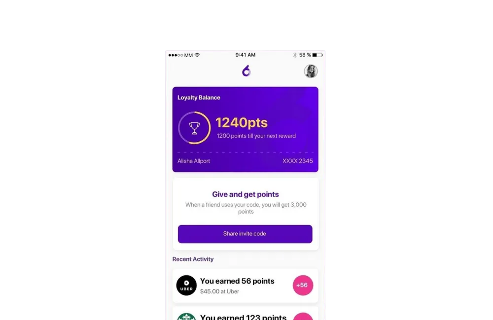 Digital loyalty program interface showing customer rewards tracking