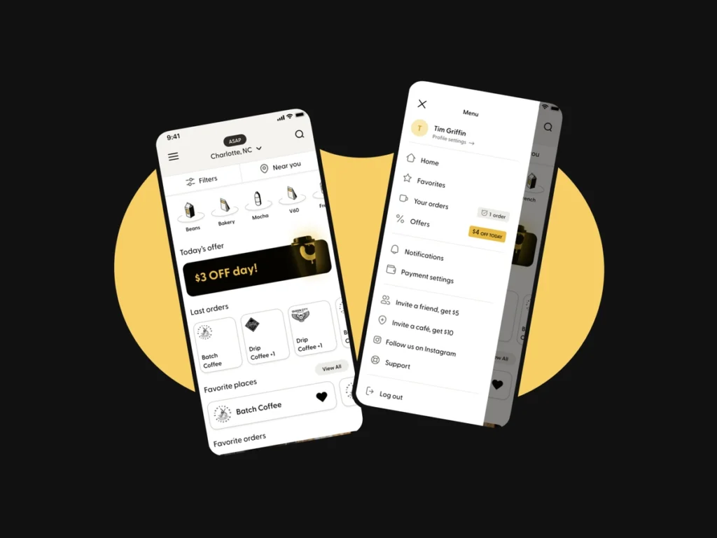 Mobile ordering interface showing restaurant menu and ordering process